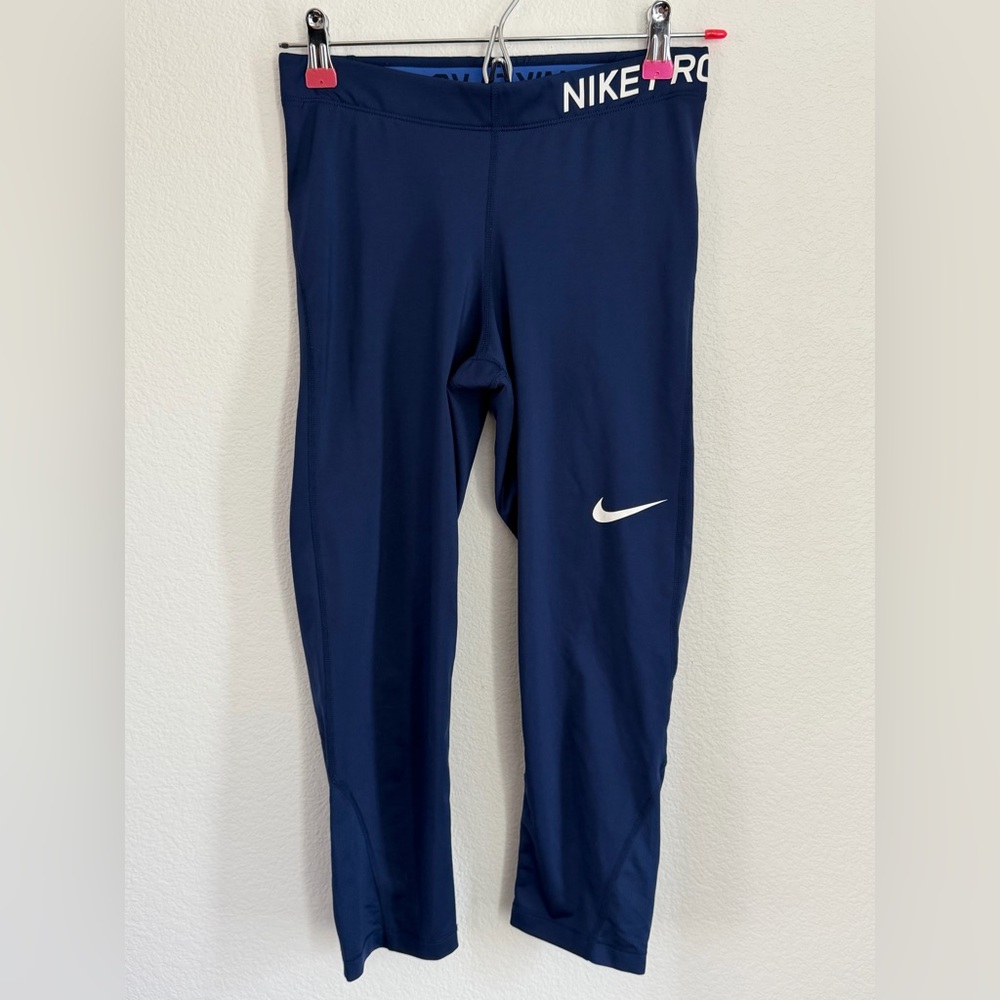 Nike Pro Women Activewear Pants M Blue Cropped Dri-Fit Compression Legging Logo